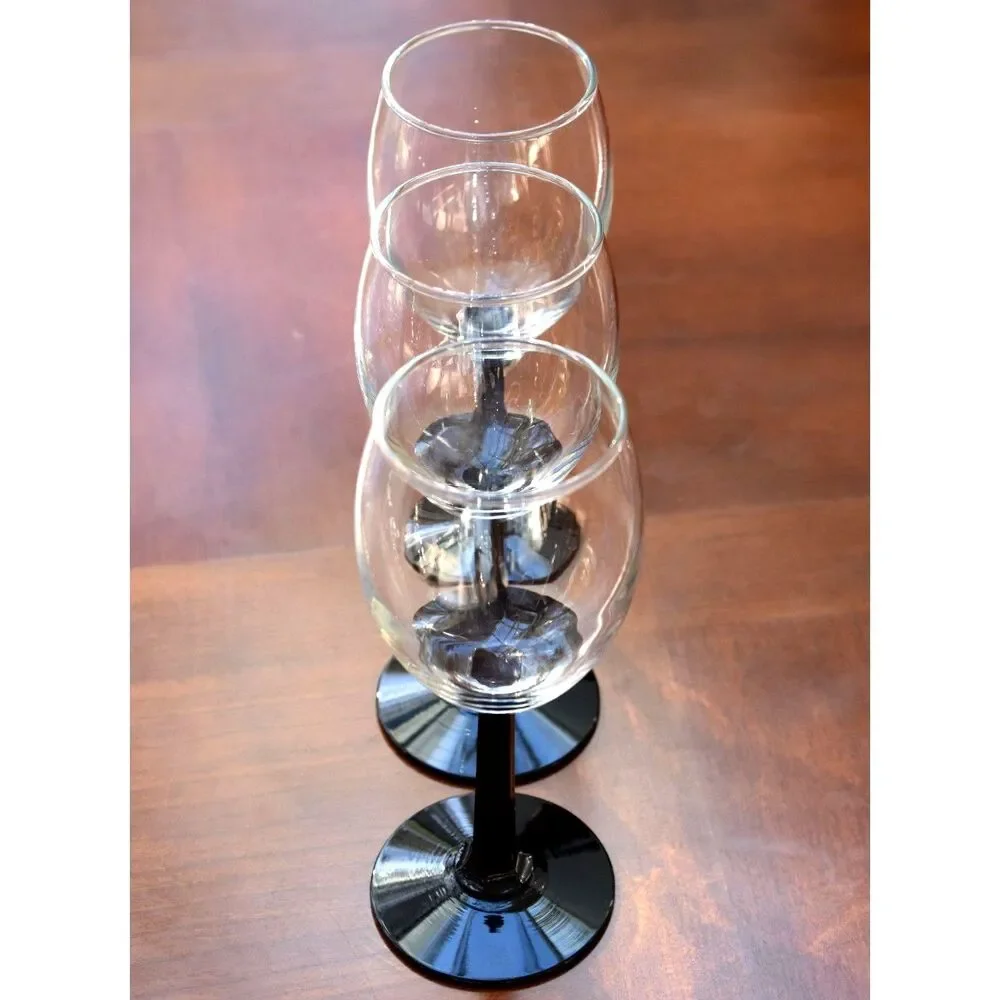 Set of 3 Black Stem Wine Glasses - Elegant Hexagon Stem Design - 6 3/4